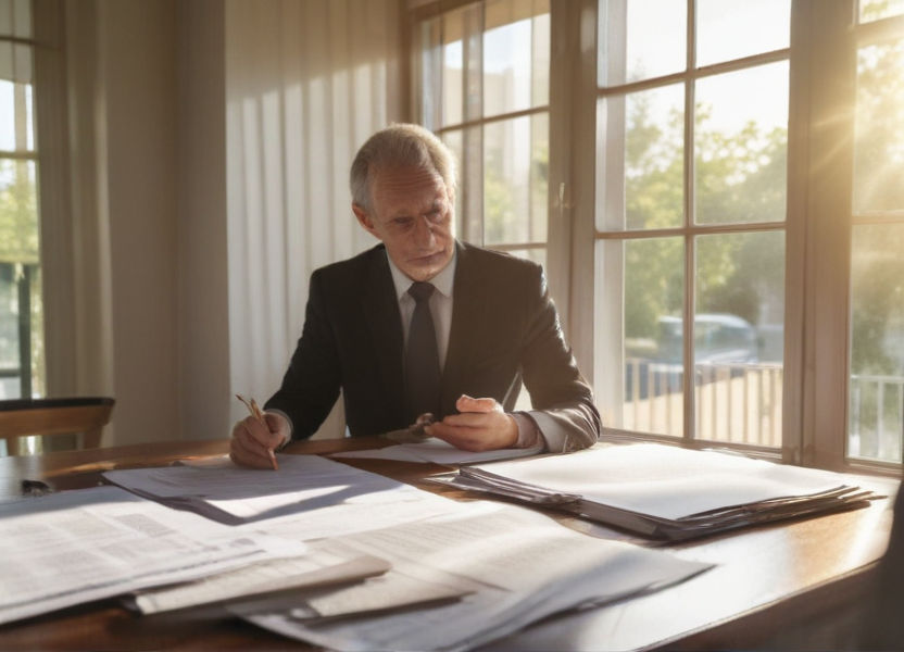A family lawyer in Perth, surrounded by legal documents and a couple discussing estate planning, as sunlight streams through office windows.