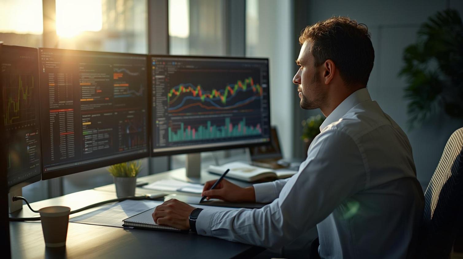 Financial analyst studying supply chain data on monitors inside bright modern office.